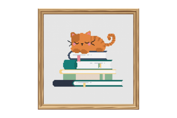 Cat on Books Cross Stitch Pattern